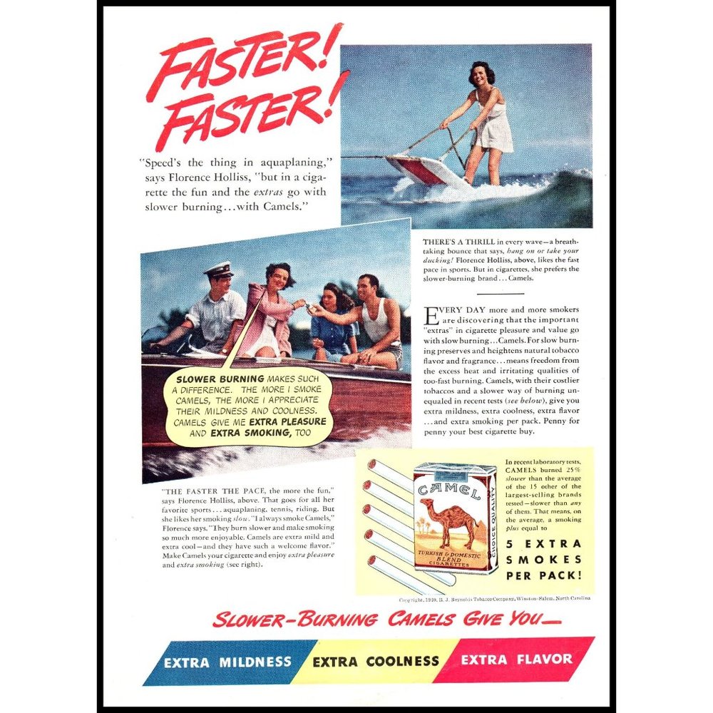 1940 Camel Cigarettes Aquaplaning Wooden Boat Vintage Print Ad Lake Wall Art